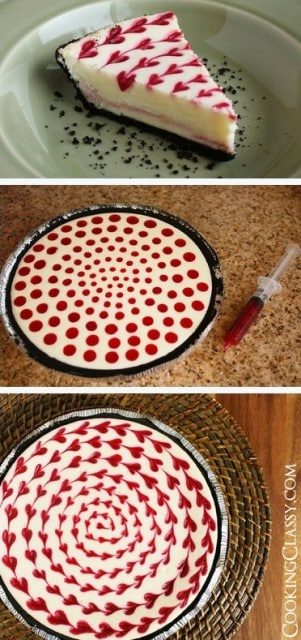 white chocolate raspberry heart swirled cheesecake