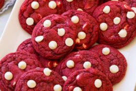 Red Velvet Cookies shown from a side angle on a platter.