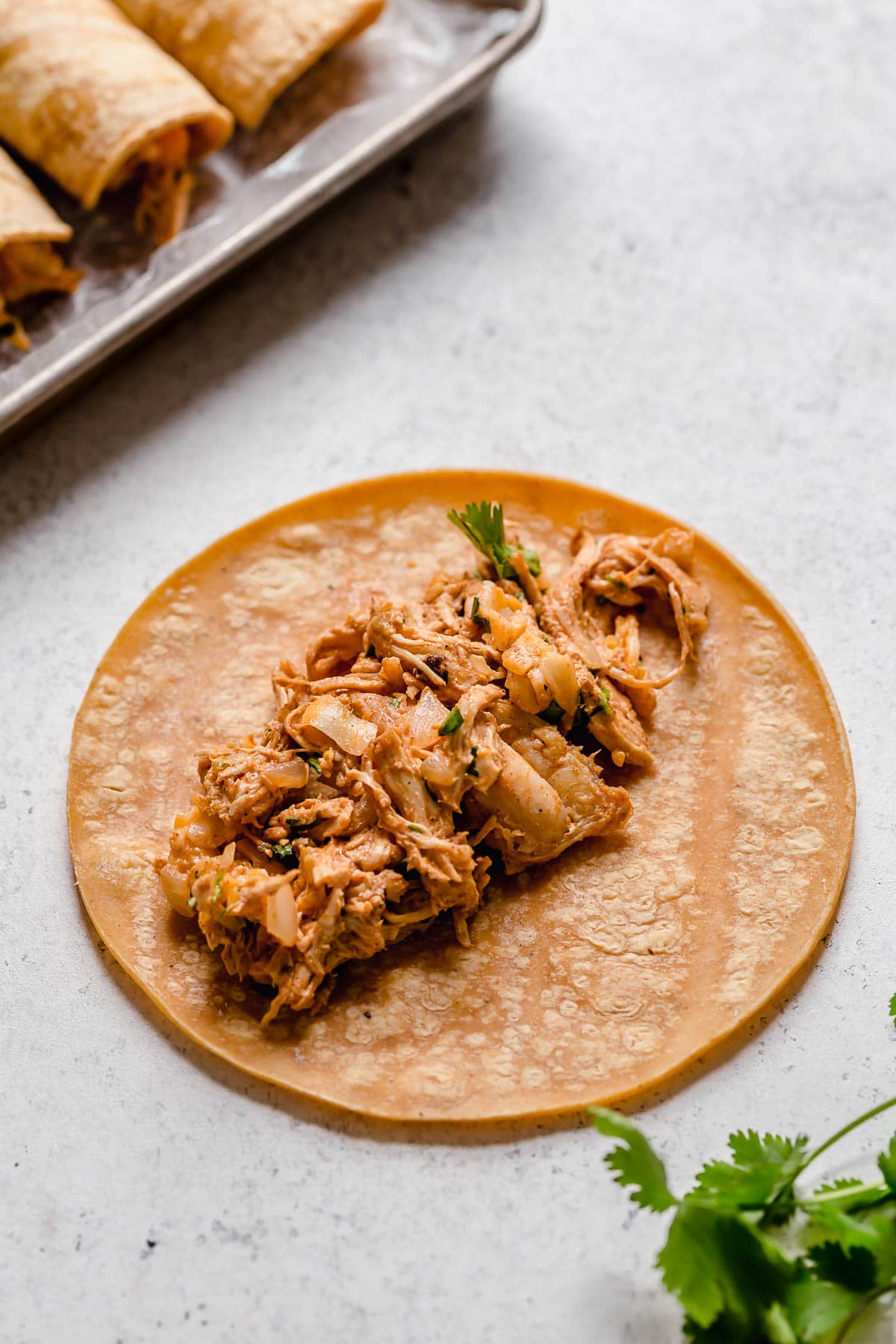 Showing how to make taquitos, piling chicken filling into center of corn tortilla.