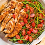 An overhead shot of balsamic chicken in a pan