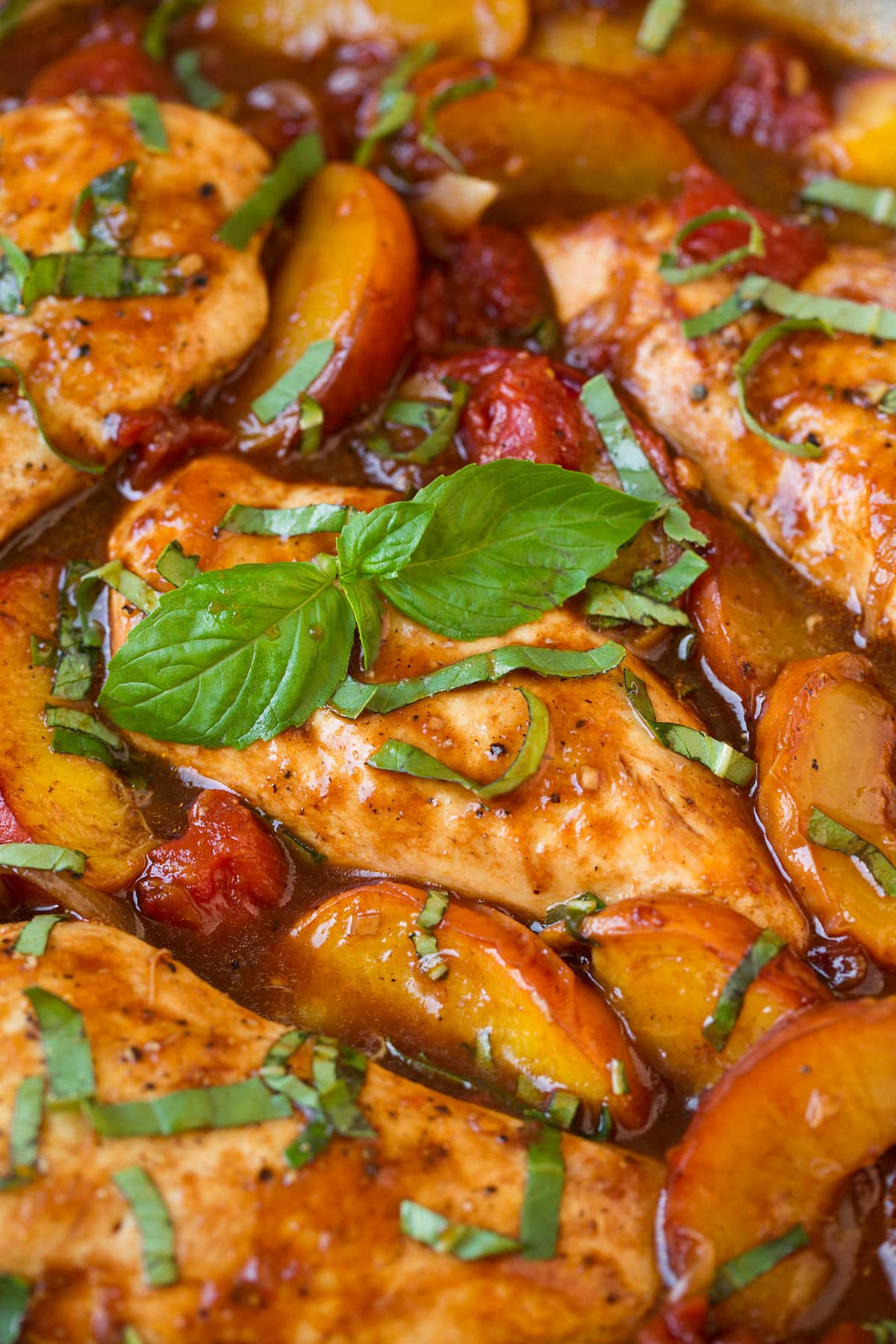 Close up image of peach chicken