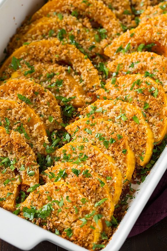 Parmesan Butternut Squash Gratin after baking in a casserole dish.