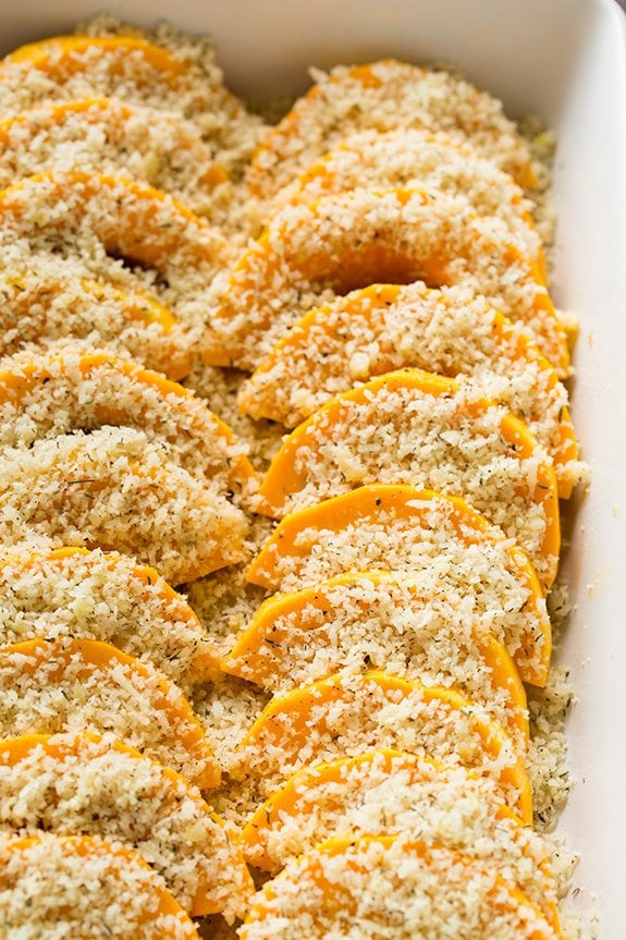 Parmesan Butternut Squash Gratin before baking in a casserole dish.