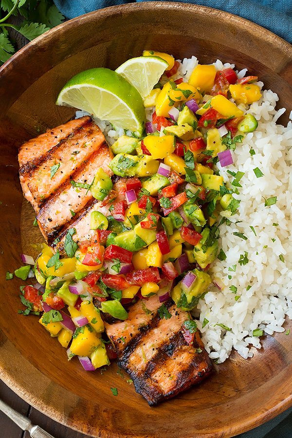 close up of salmon with mango salsa and coconut rice 