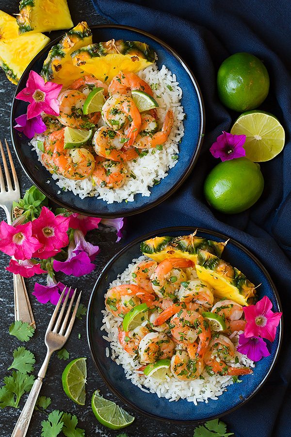 two bowls of Cilantro Lime Shrimp with Coconut Rice 