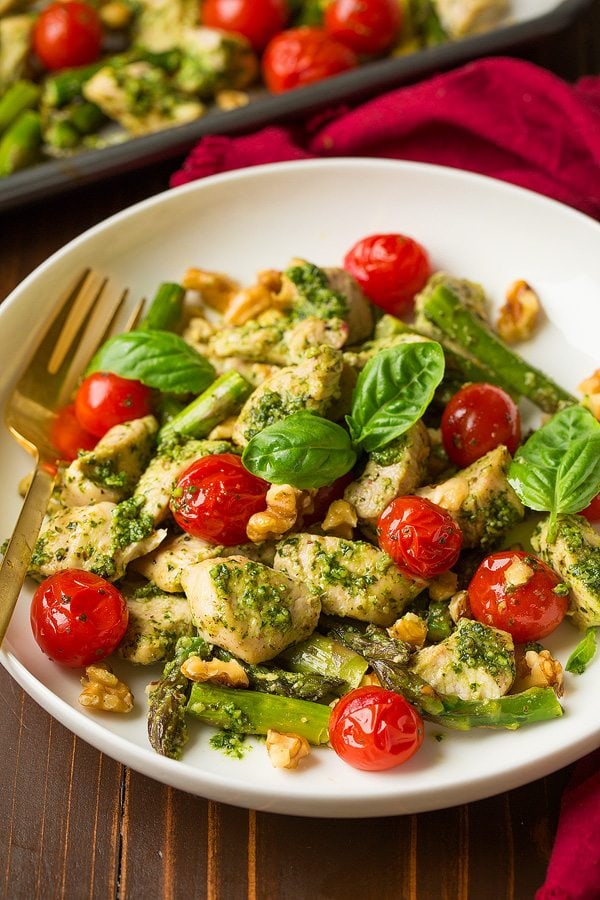 Pesto Chicken and asparagus in white bowl 