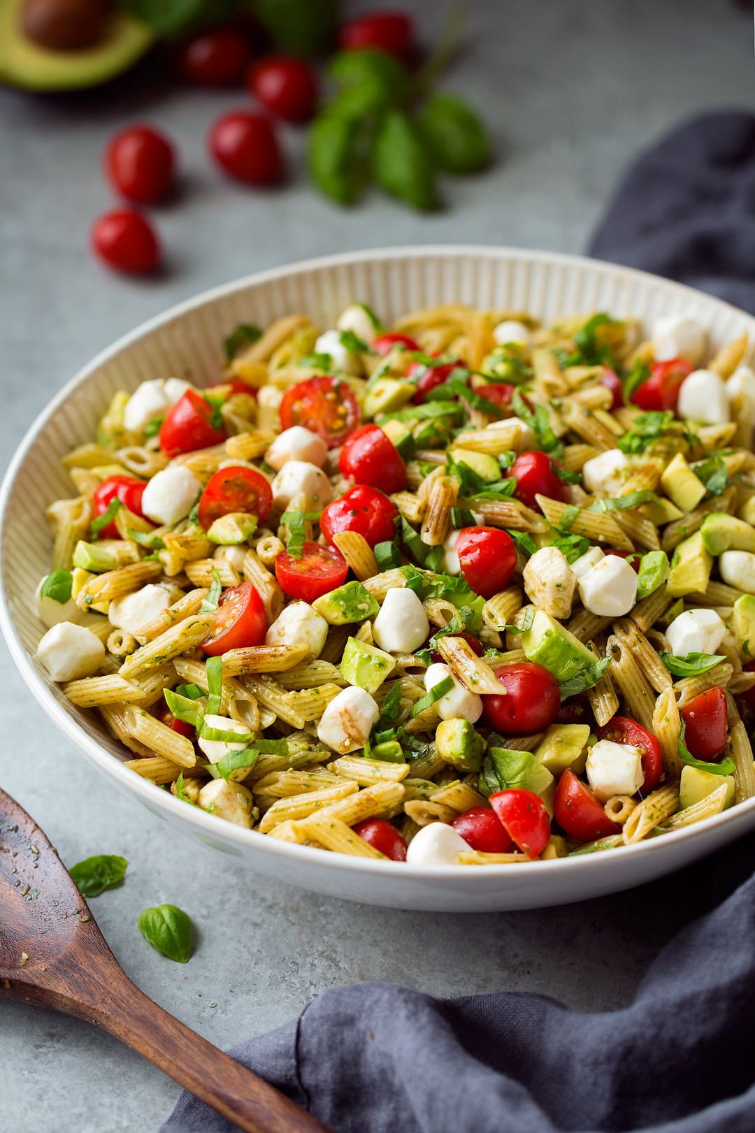 italian pasta salad in white serving bowl 