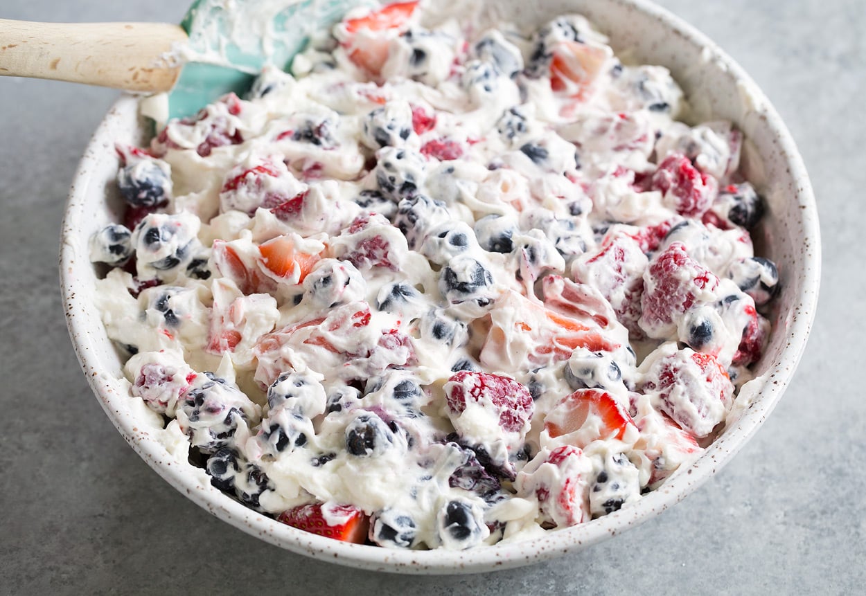 Finished Berry Cheesecake Fruit Salad in bowl 