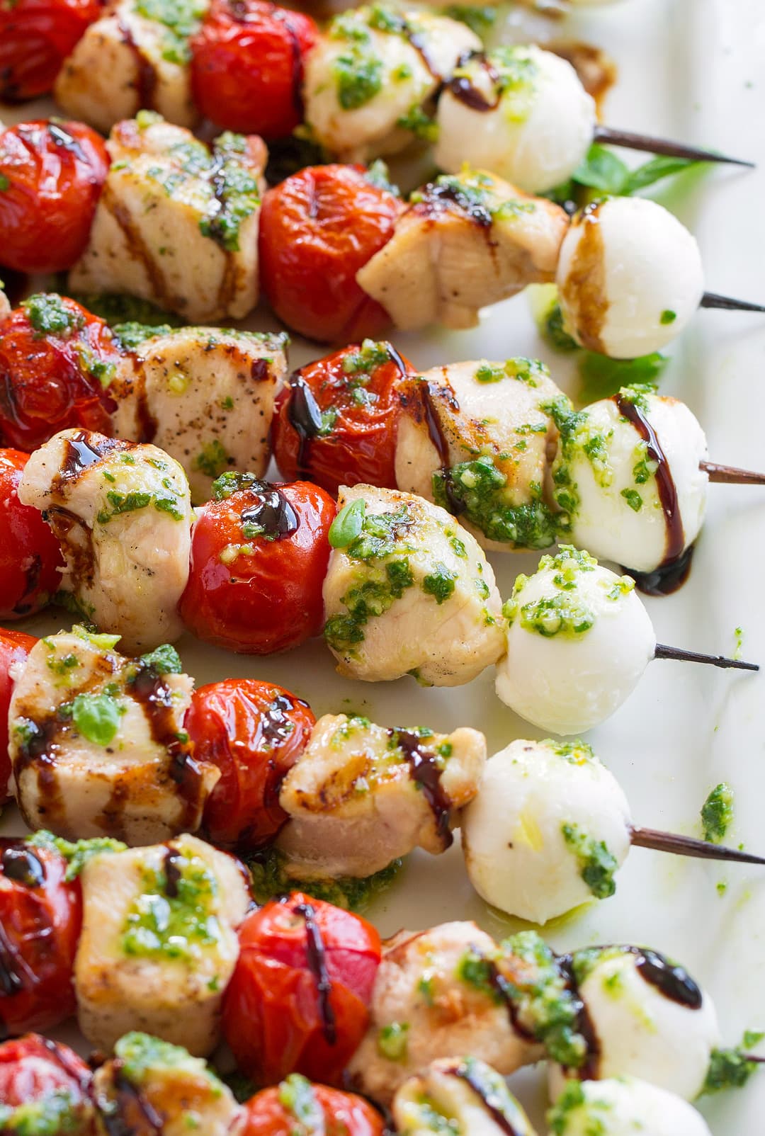 close up of Chicken Caprese Skewers 