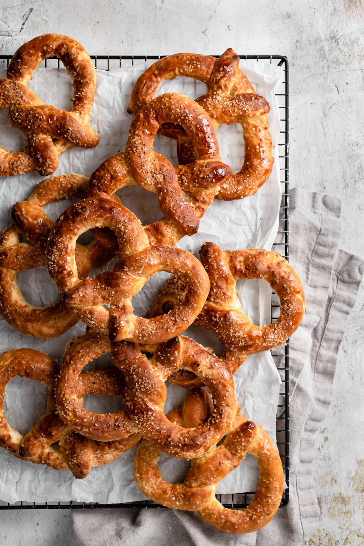 Pretzels on cooling rack.