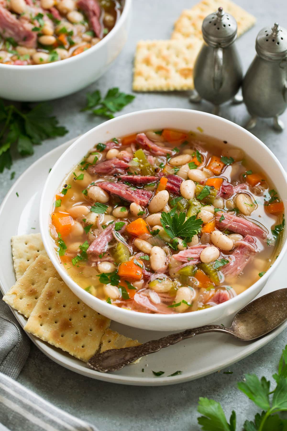 Ham and Bean Soup in a serving bowl set over a white plate with a side of crackers.