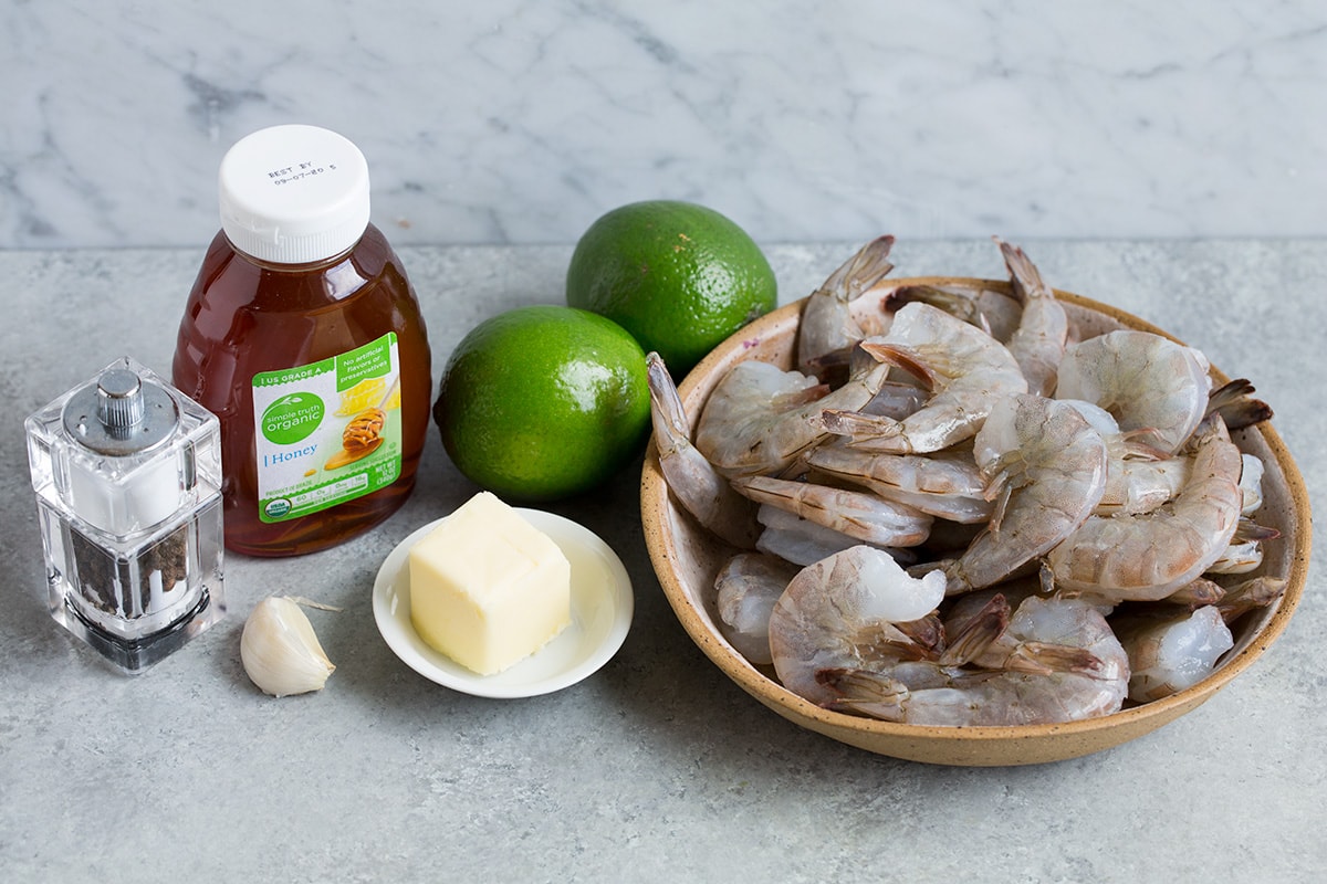 Ingredients to make shrimp with honey and lime shown here.