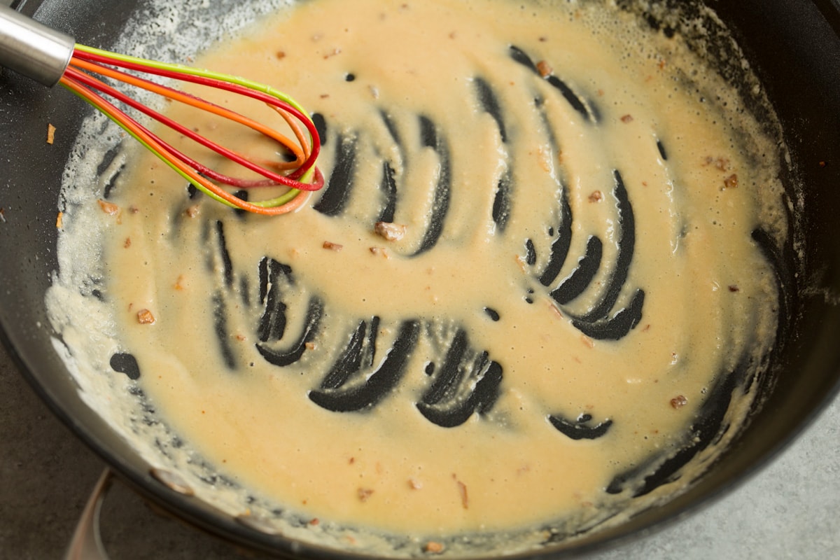 Making a roux with butter and flour in skillet for Swedish meatball sauce.