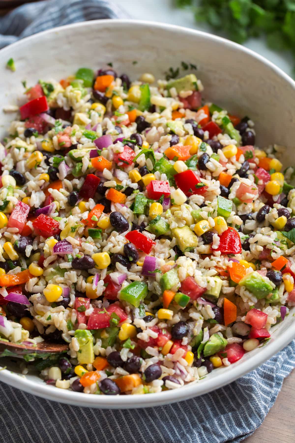 Fiesta rice recipe in a large white serving bowl.