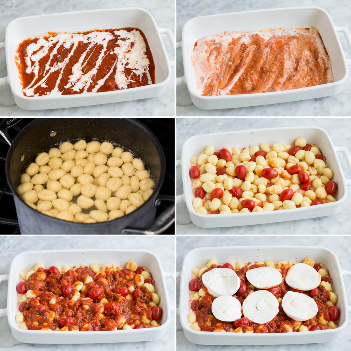 Image of steps showing how to make baked gnocchi in a casserole dish.