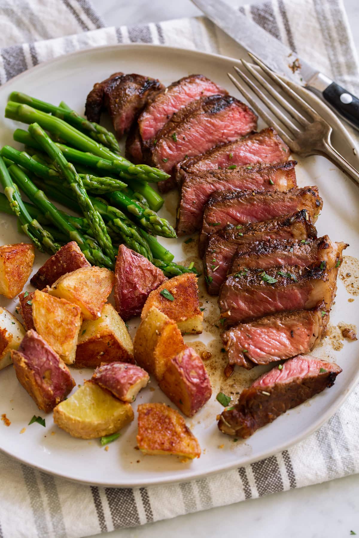 Serving of sliced steak with steak marinade.
