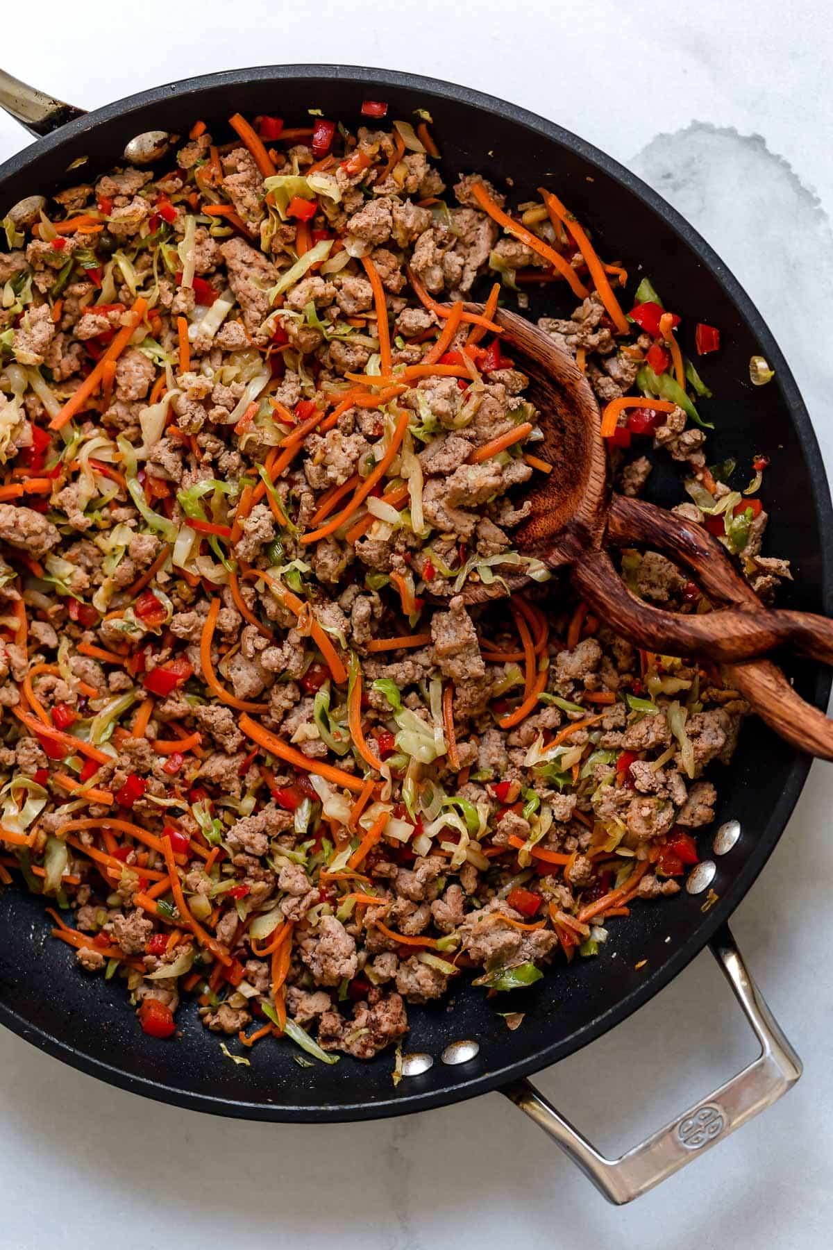 Egg roll filling in a skillet.