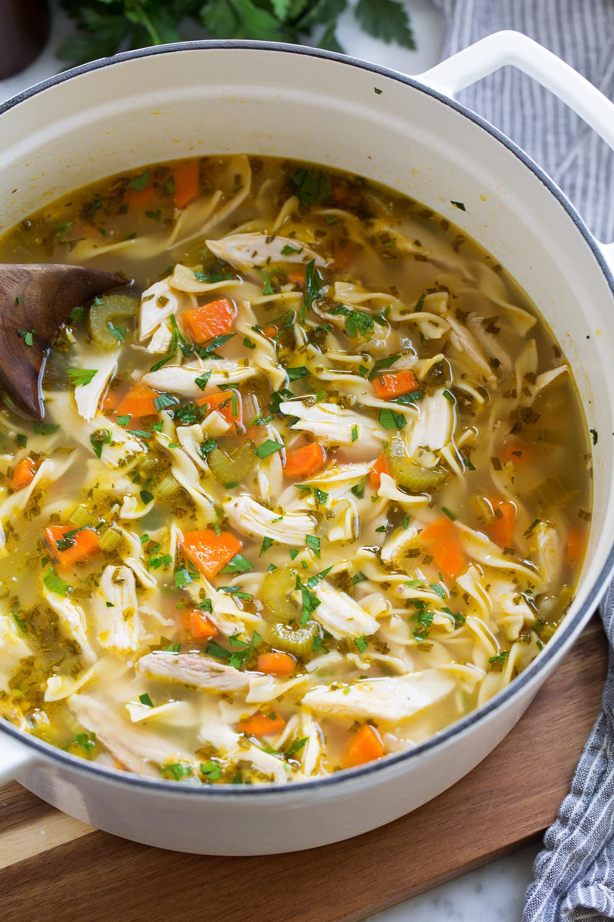 Pot full of quick and easy chicken noodle soup