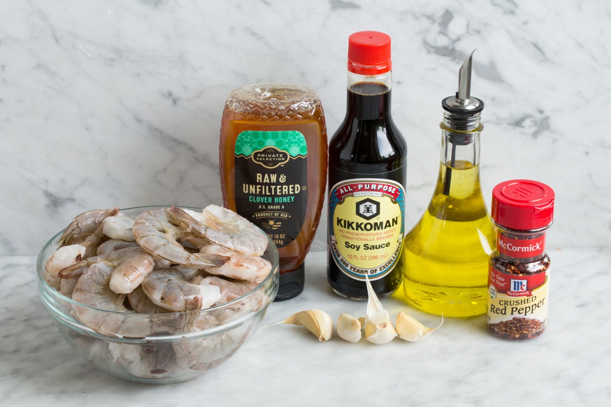 Grilled shrimp and marinade ingredients.
