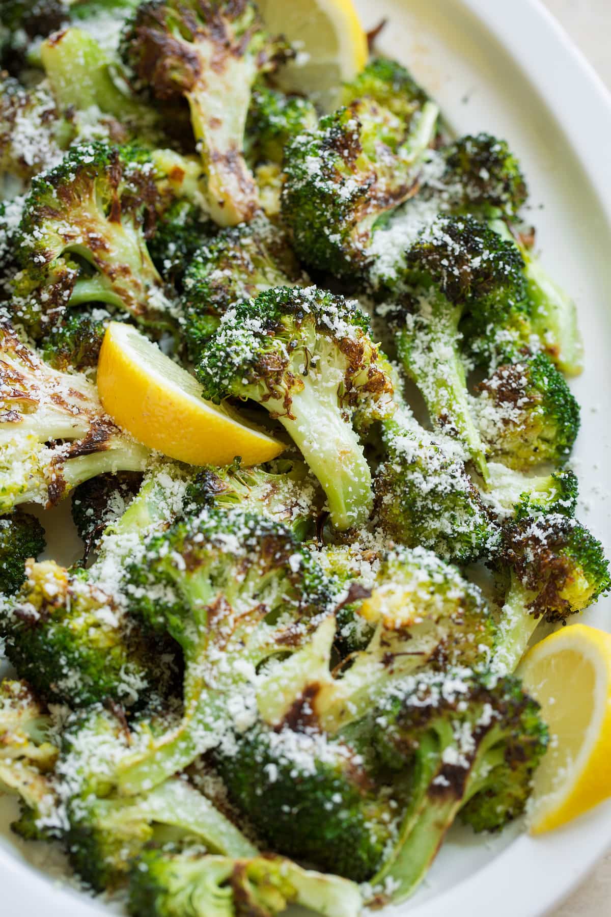 Roasted broccoli with parmesan and lemon served over top.
