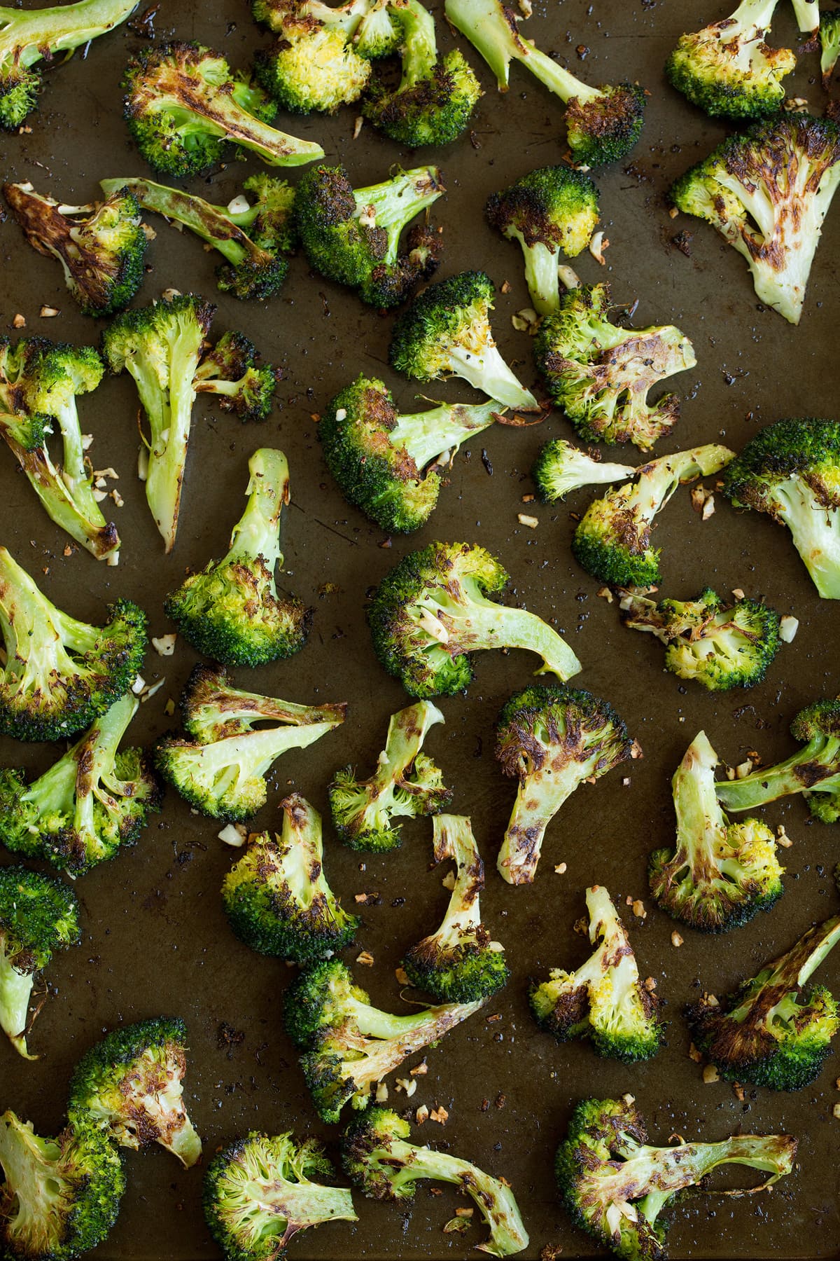 Roasted broccoli florets after baking.