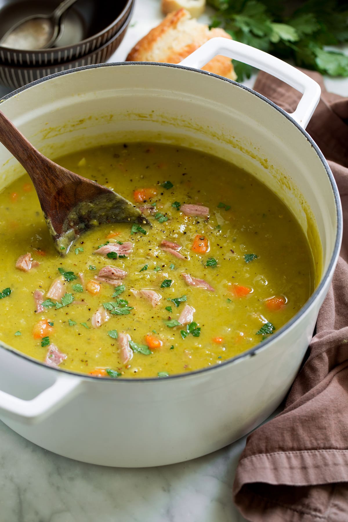 Pot of homemade split pea soup.
