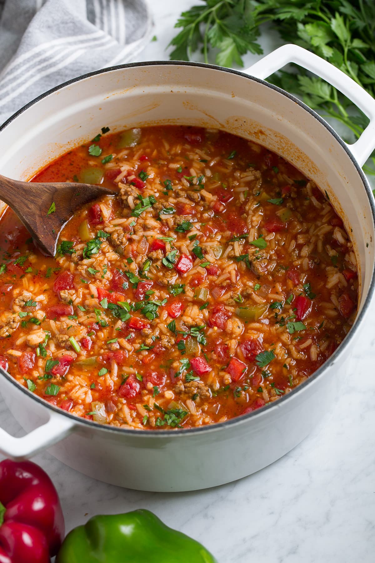 Pot full of stuffed bell pepper soup.