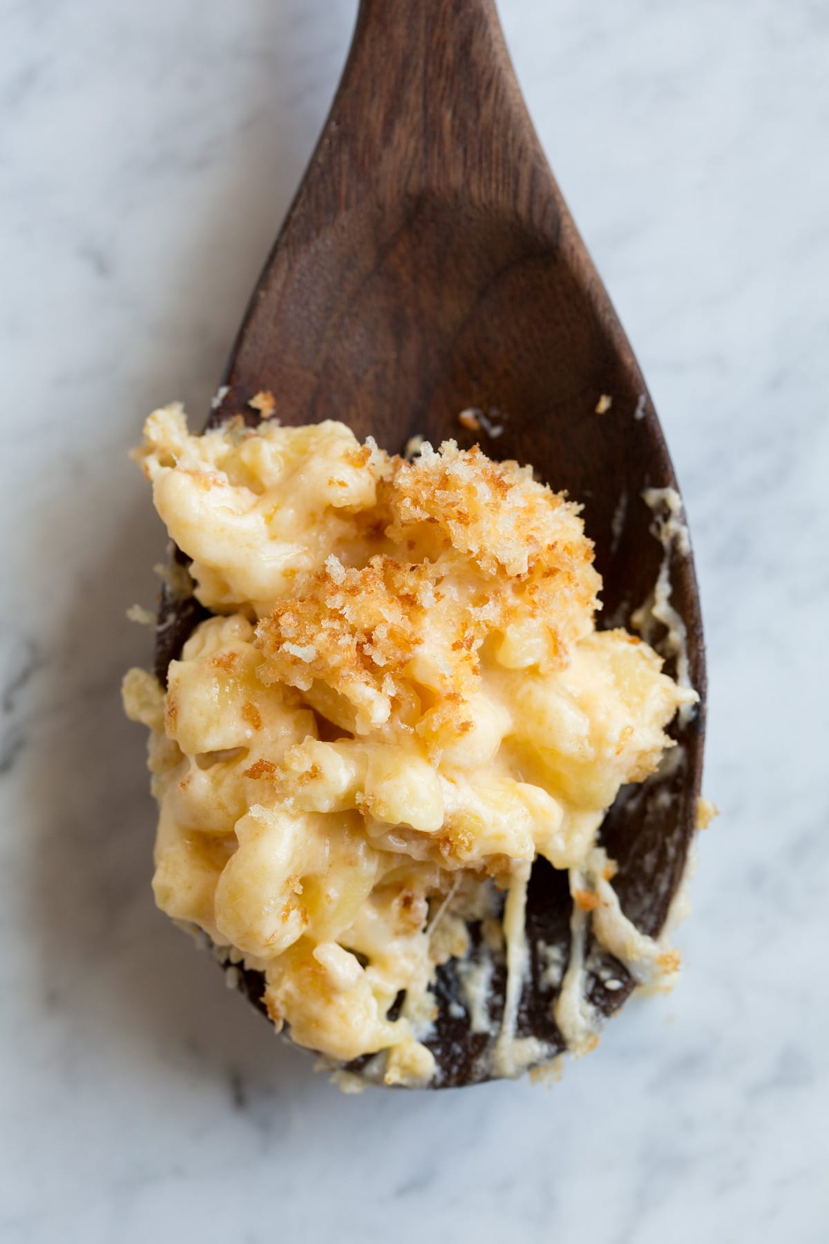 Close up image of scoop of macaroni and cheese topped with toasted panko bread crumbs.