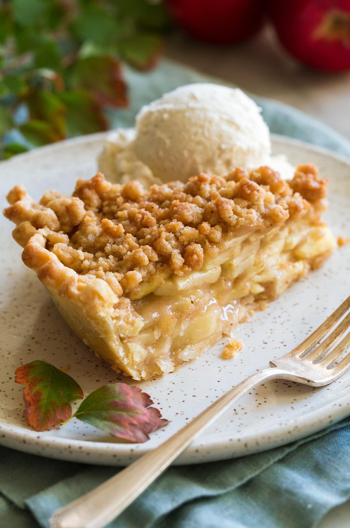 Slice of dutch apple pie in a dessert plate with a scoop of vanilla ice cream on the side.