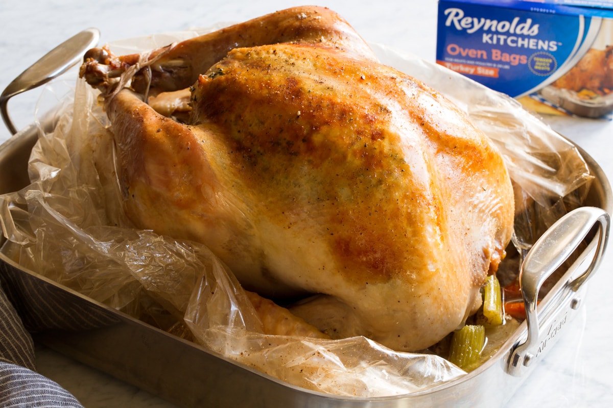 Turkey shown after cooking sitting in a roasting pan.