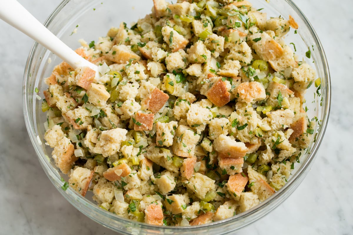 Wet stuffing mixture after mixing in mixing bowl.