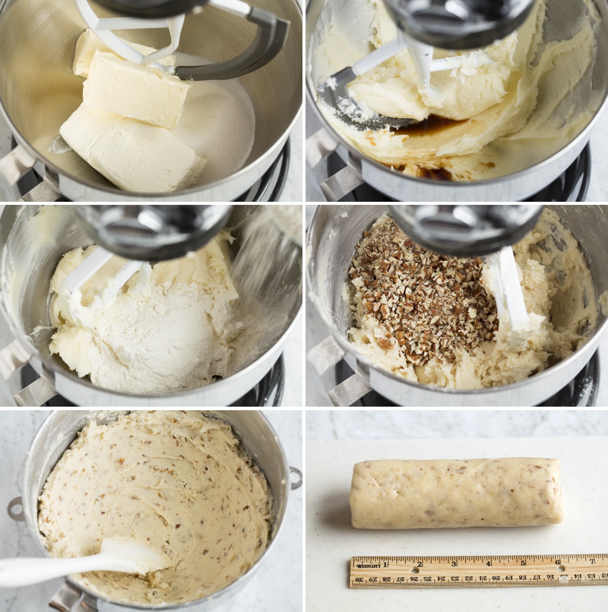 Image showing how to make cream cheese pecan cookie dough in an electric stand mixer bowl.