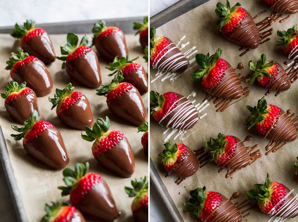 Chocolate covered strawberries shown with after dipping in melted chocolate on the left then shown on the right after drizzling with melted chocolate.