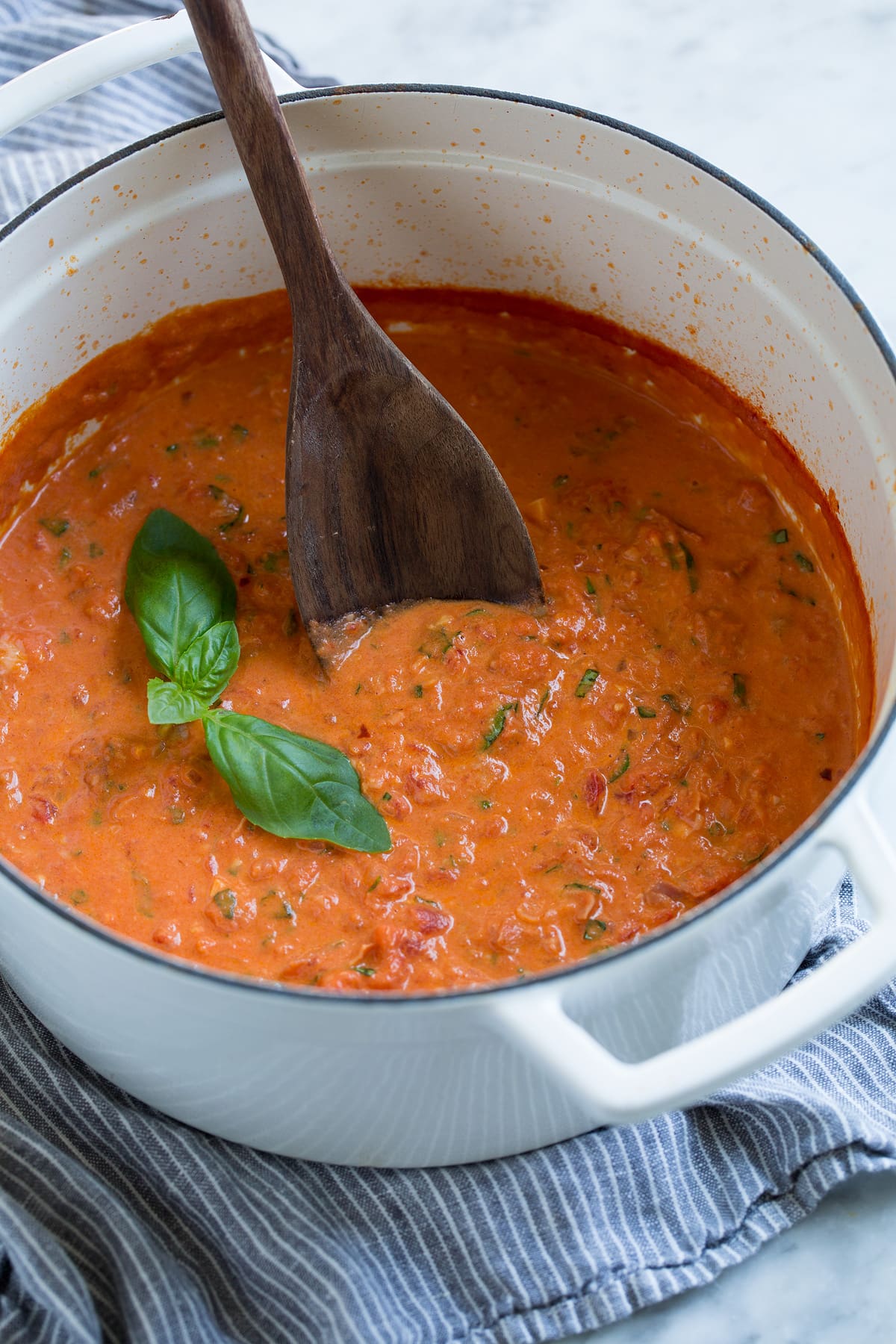 Pot full of homemade vodka sauce.