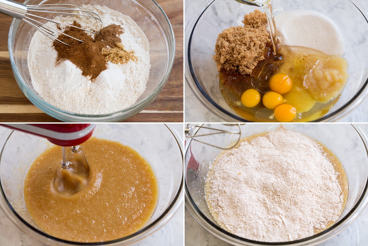 Four steps of preparing cake batter shown here. First showing to whisk flour and spices, second adding wet ingredients and sugar to a mixing bowl. Third blending, and fourth adding flour mixture to batter.