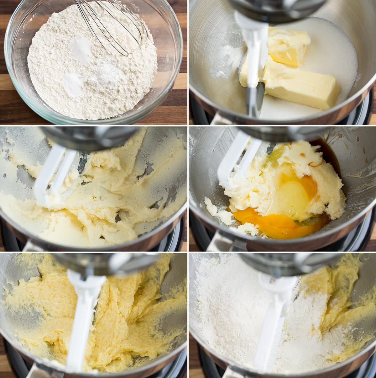Collage image of 6 steps showing how to make cookie dough for fruit pizza crust.