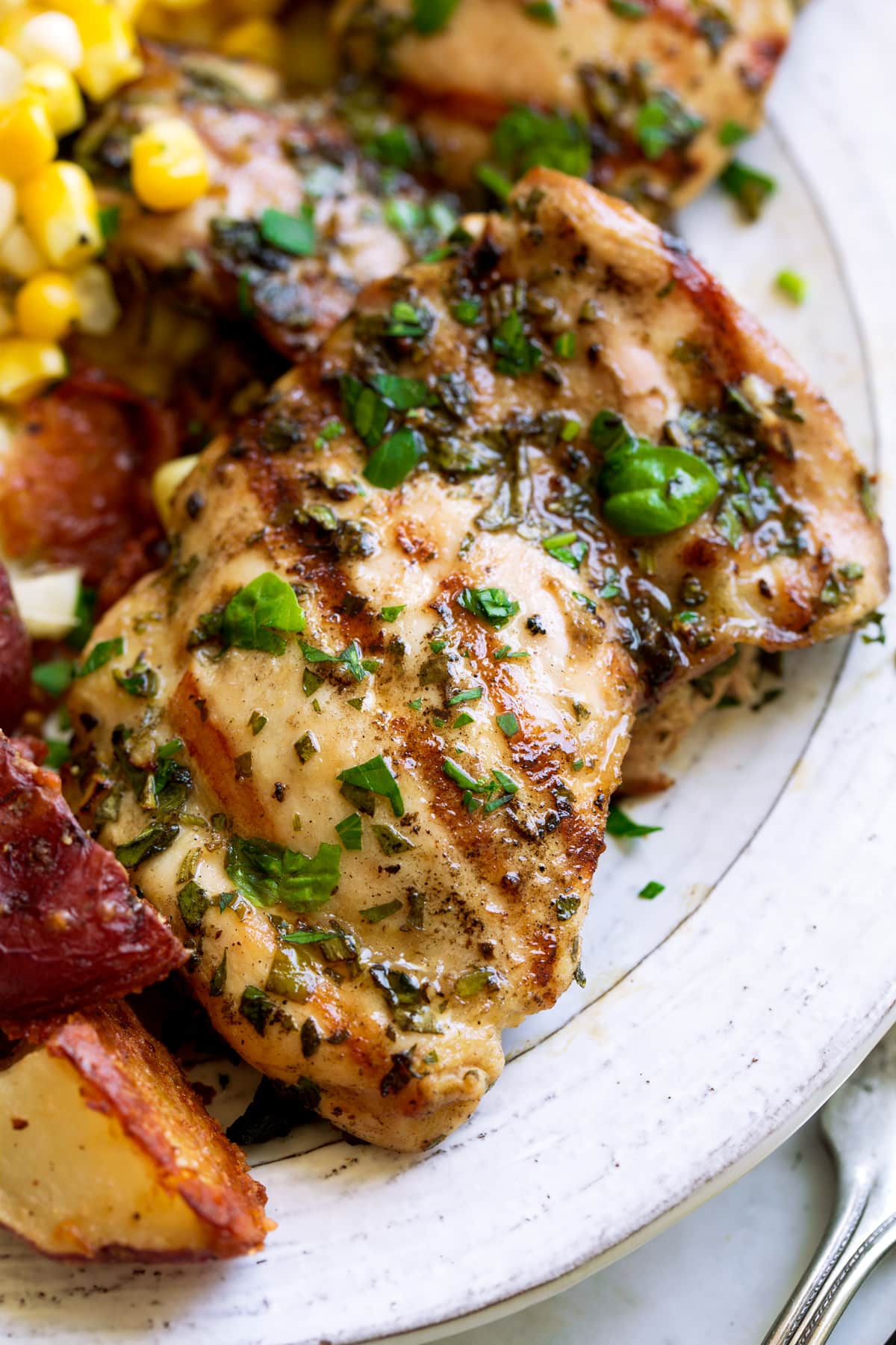 Close up image of single grilled chicken thigh.