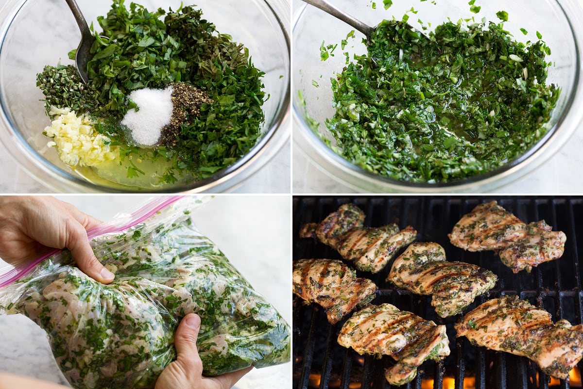 Collage image including four images showing steps how to make chicken marinade and grill chicken on grill.