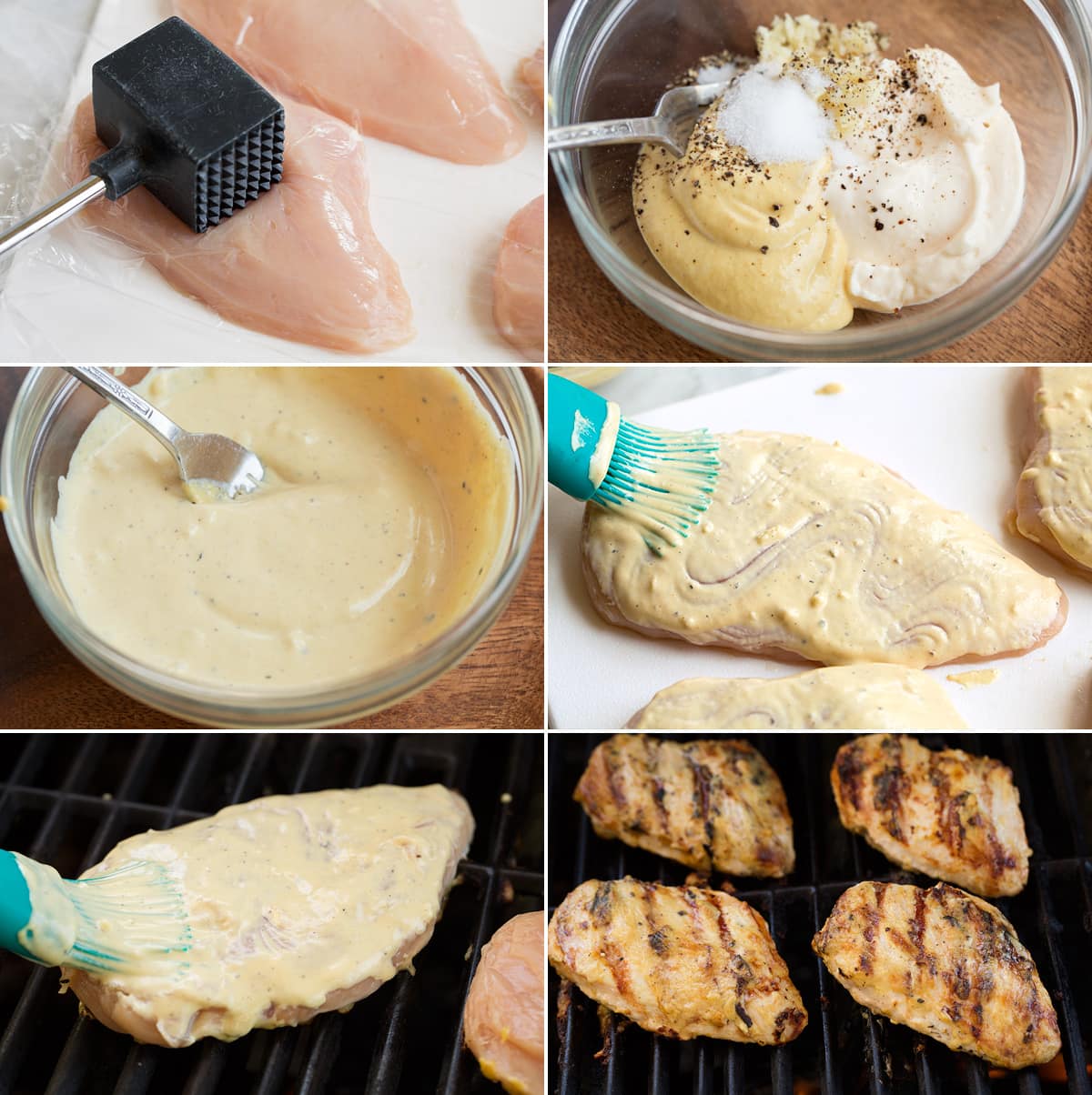 Collage of 6 images showning steps to preparing garlic and dijon chicken sauce and grilling the chicken.