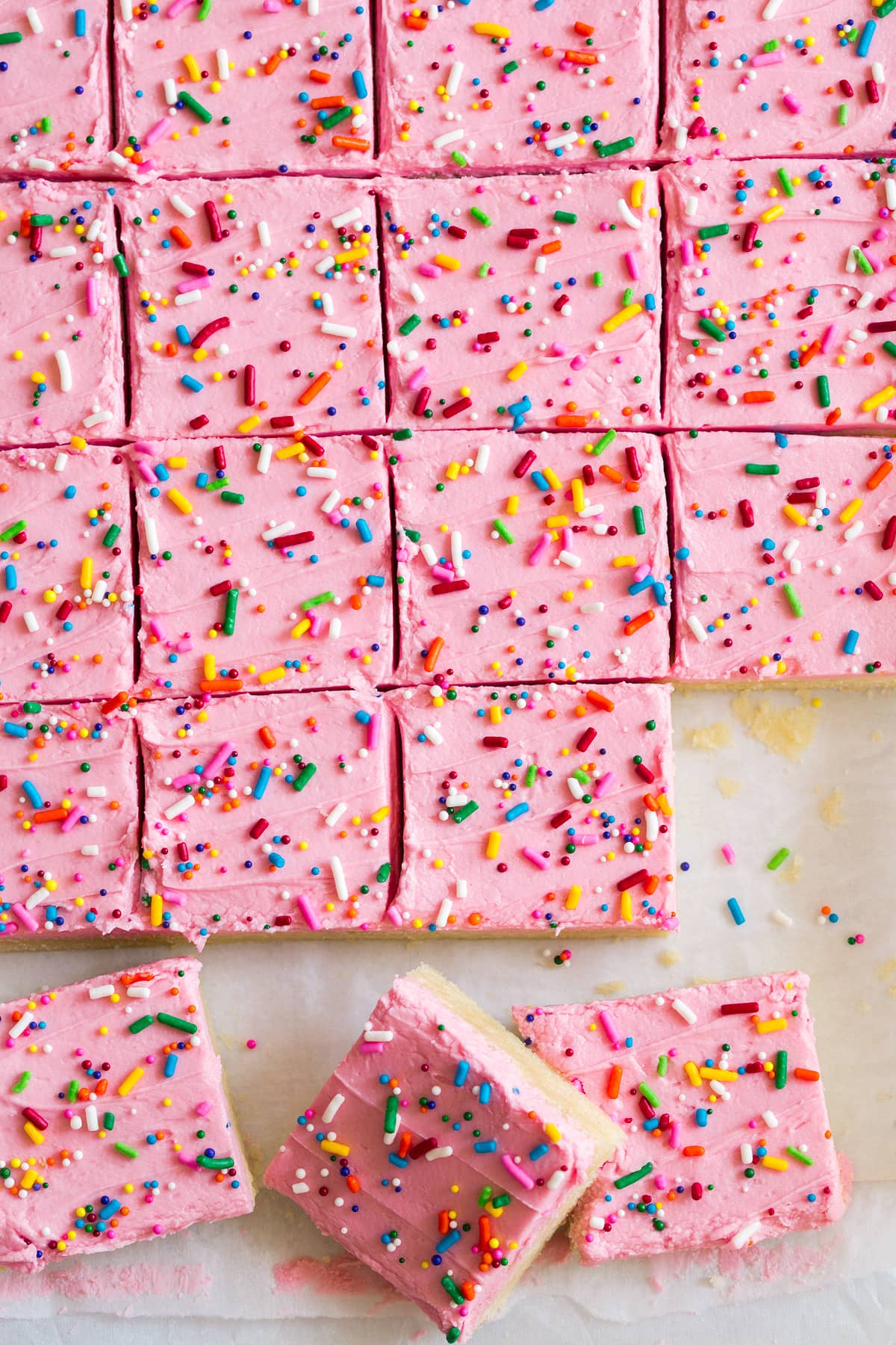 Overhead image of sugar cookie bars with frosting.