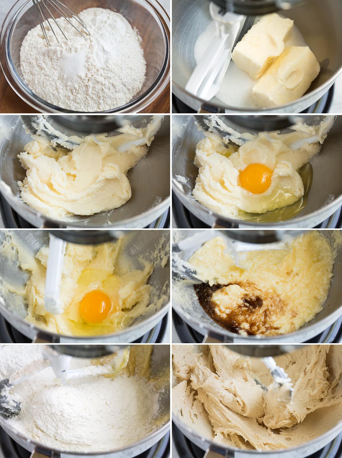 Collage image of 10 steps showing how to make sugar cookie bar batter in an electric mixer bowl with paddle.