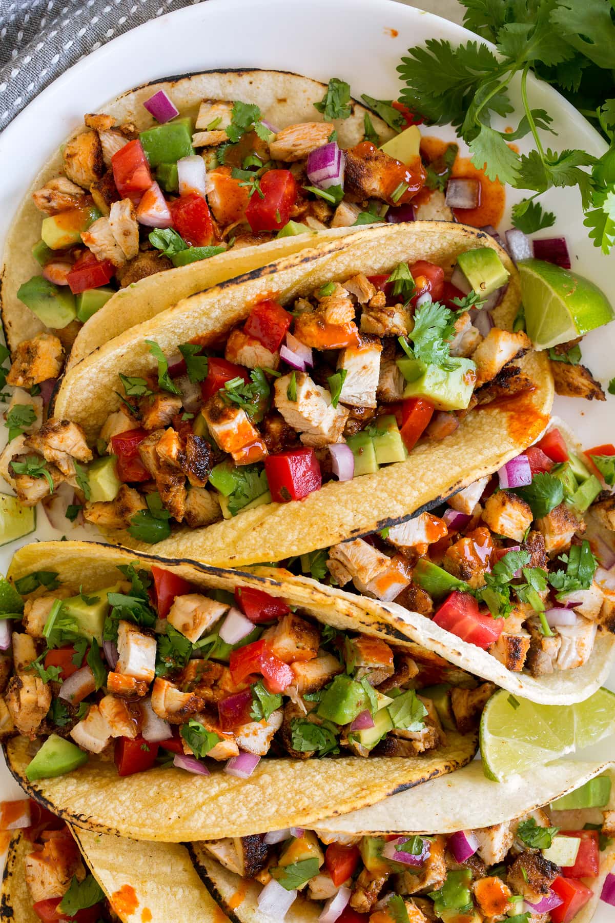 Close up image of chicken tacos in corn tortillas with various toppings such as onions, cilantro and tomatoes.
