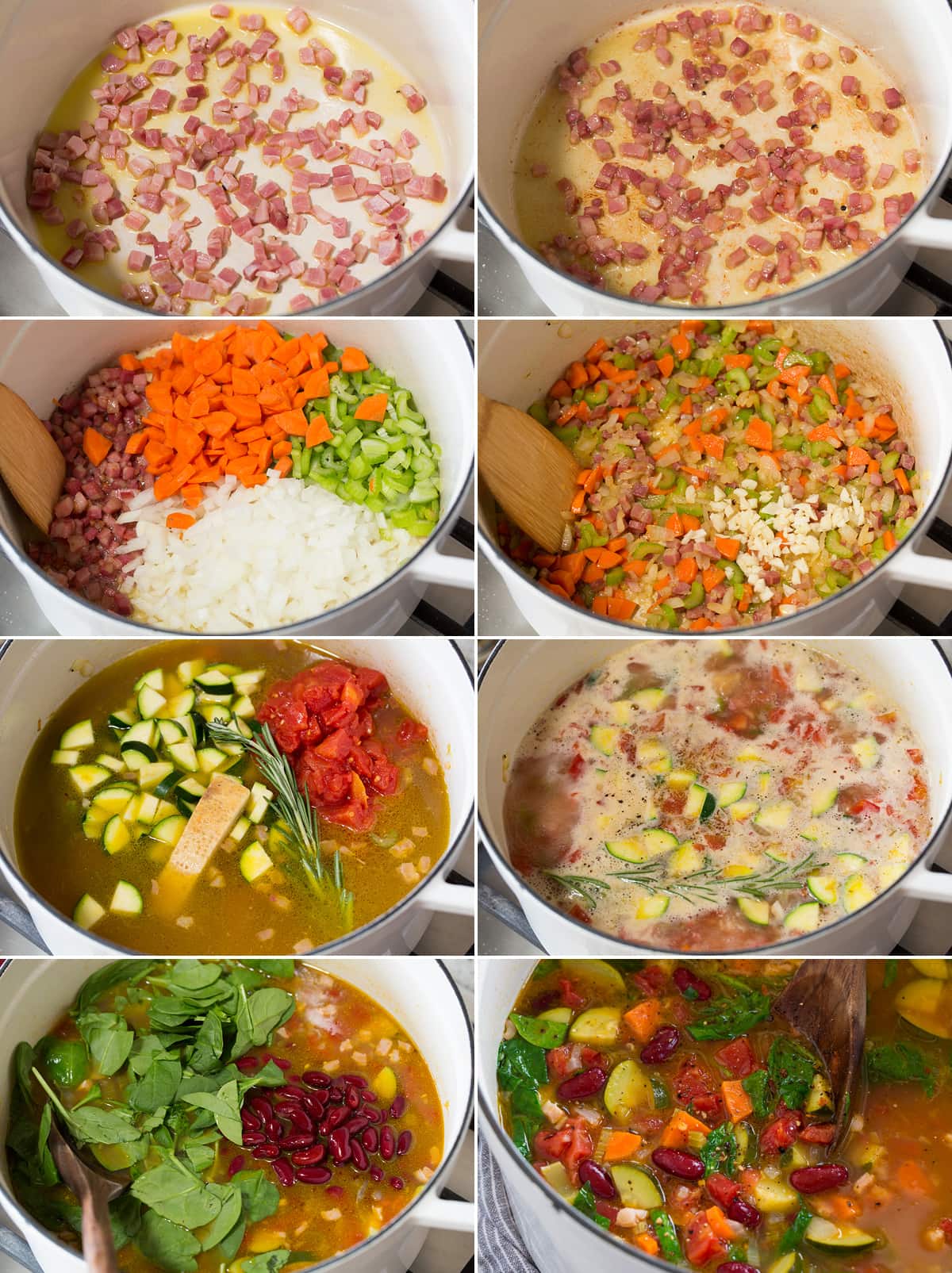 Collage of eight images showing steps to make minestrone soup in a pot on the stovetop.