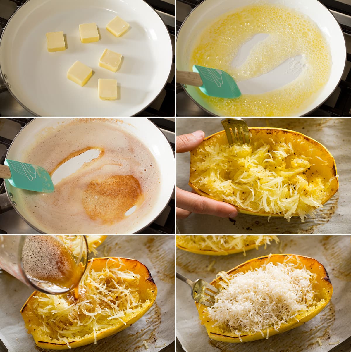 Collage of six images. Shows how to brown butter in skillet then shredding spaghetti squash, pouring over browned butter and topping with parmesan.