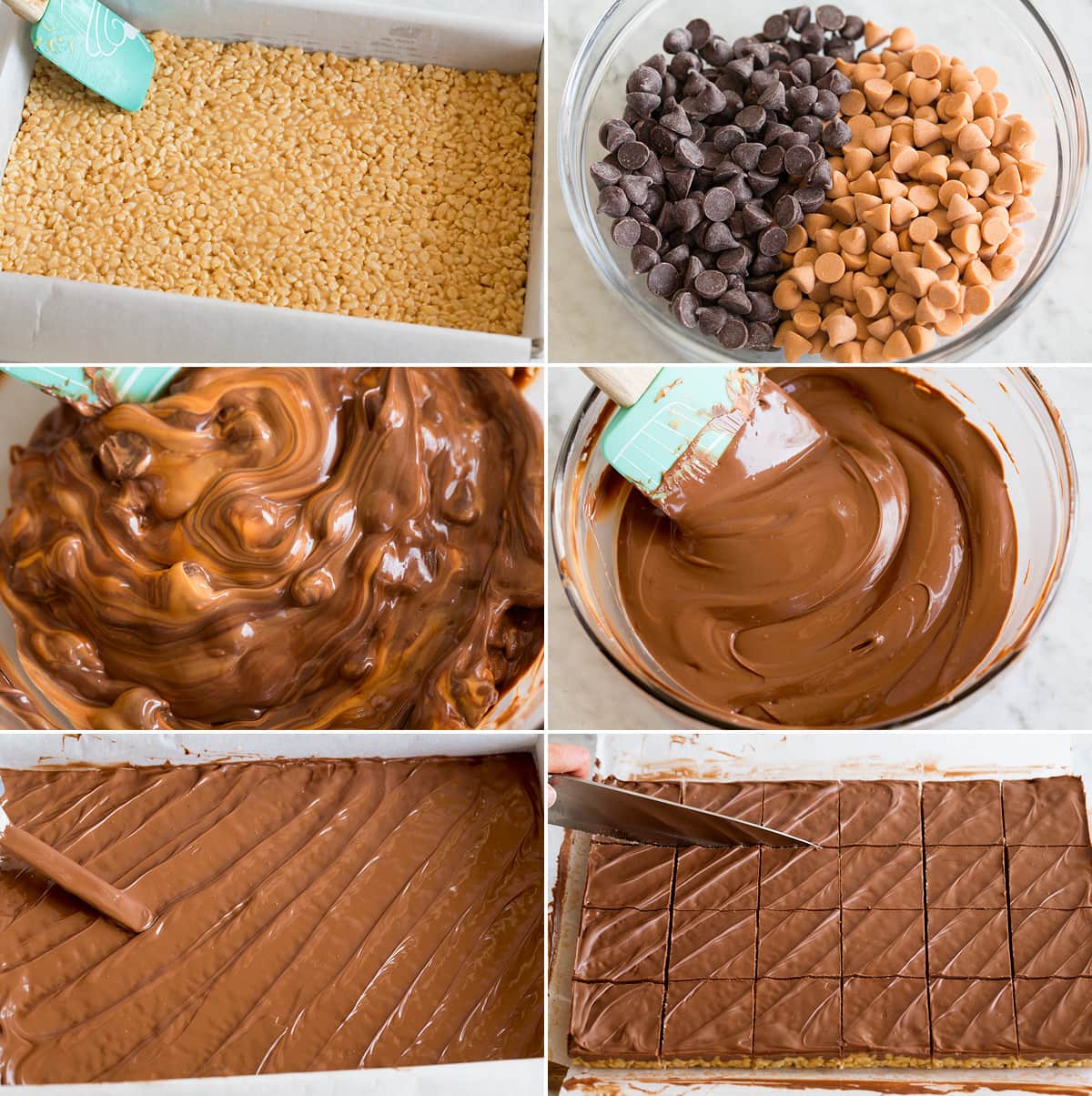 Collage of six images showing steps to spreading scotcheroo mixture into pan, melting chocolate and spreading over mixture in pan. 