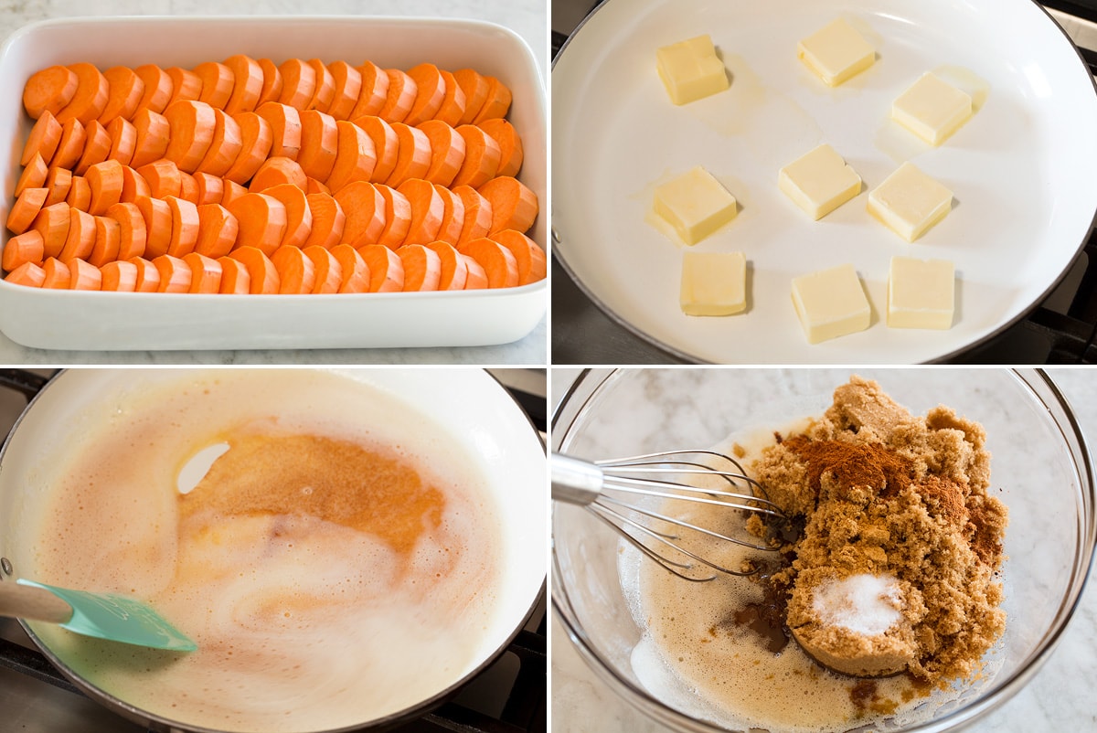 Collage image of first four steps to make candied yams.