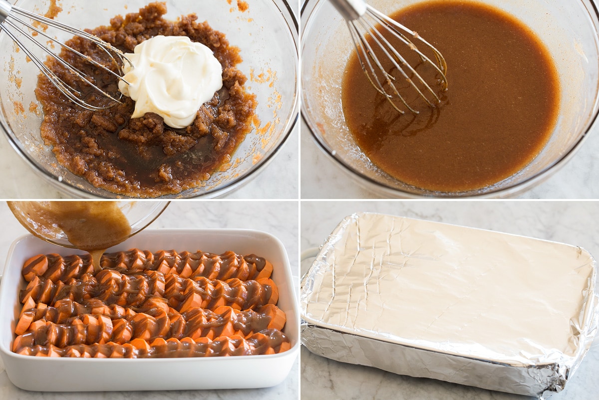 Collage image of last four steps to make candied yams.