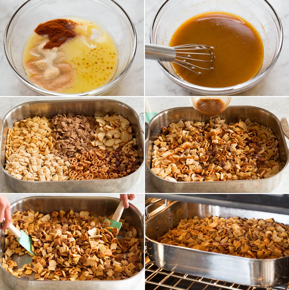 Collage of six images showing steps to preparing chex mix in the oven.