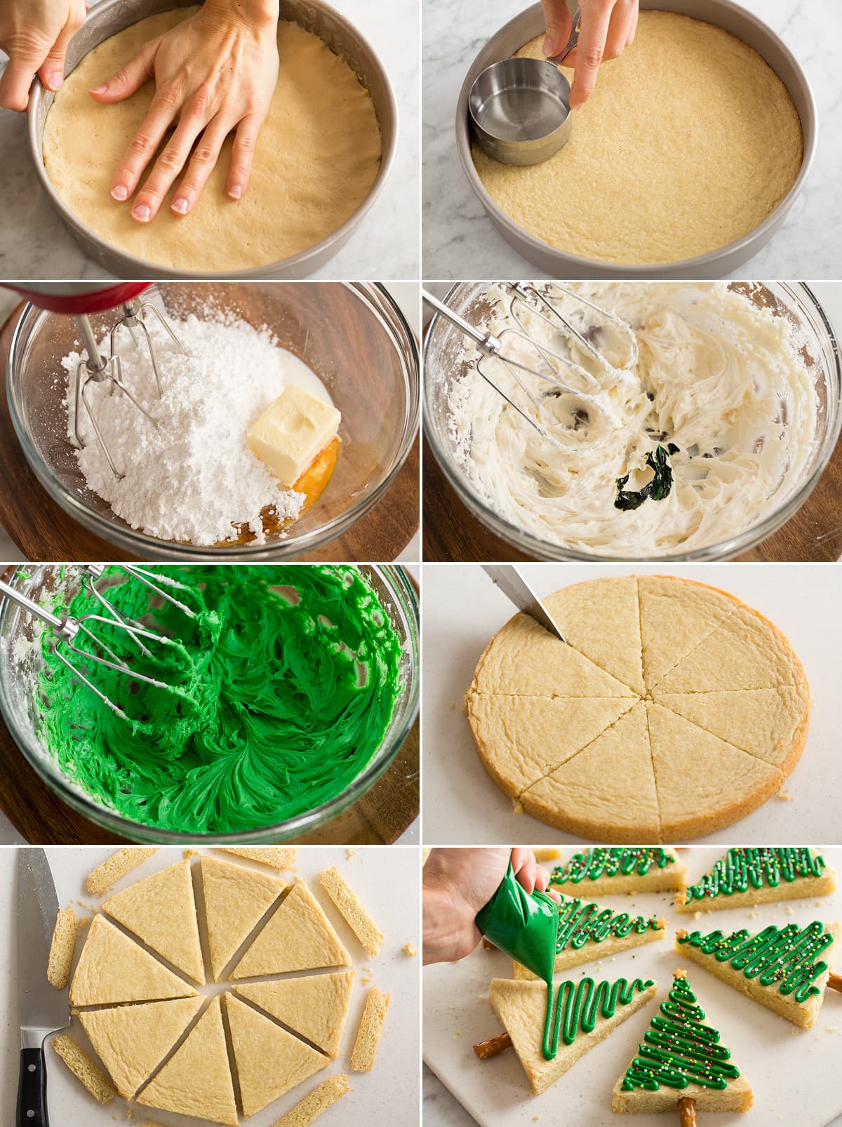 Collage of eight images showing how to press dough into cake pan to bake. Then shows making frosting, slicing cookie into wedges and decorating. 