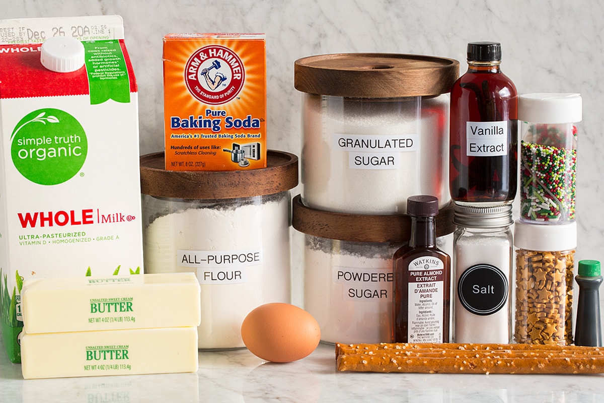 Image of ingredients used in making Christmas tree cookies.